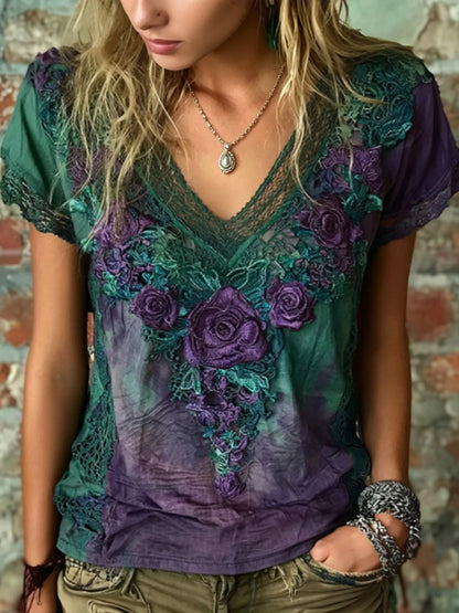 Cardydony Women's Retro Bohemian Style Floral Rose Embroidery Print V-neck Top