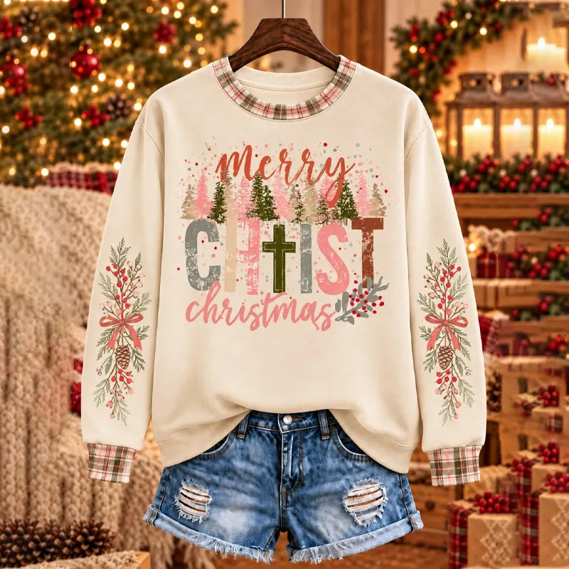 Cardydony Women's Christmas-themed Merry Christ Christmas Plaid Plant Floral Print Crewneck Sweatshirt