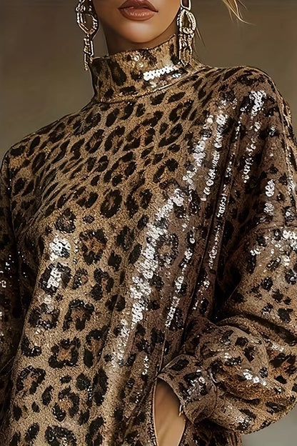 Cardydony Women's Stylish Leopard Print Sequined Turtleneck Long-sleeved Tassel Hem Loose Mini Dress