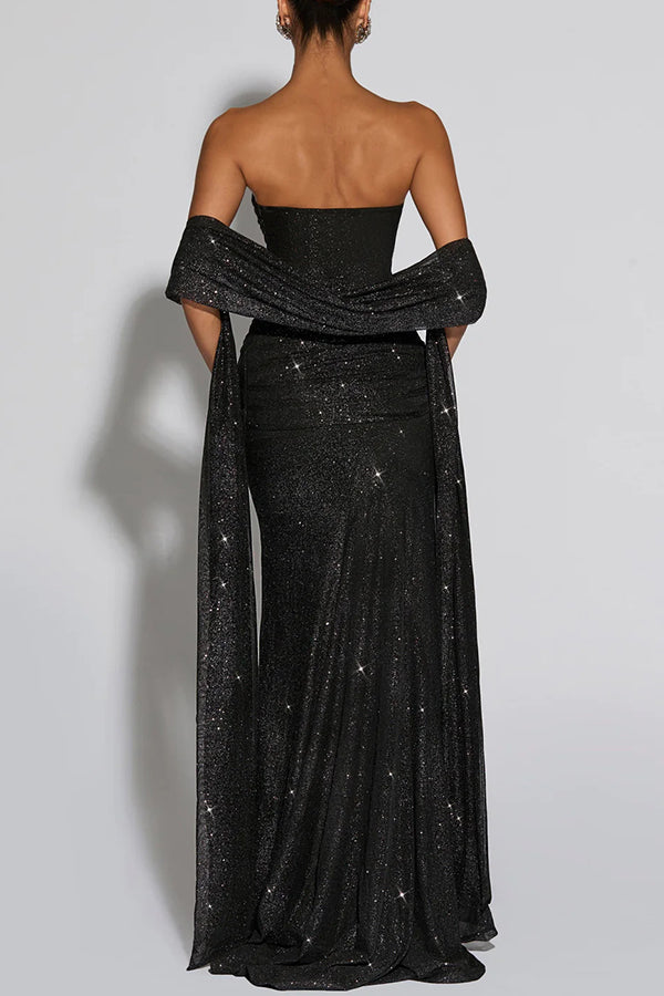 Cardydony Women's Paula Sequined Mesh and Jersey Off Shoulder Ruched Knot Drape Shawl Maxi Dress