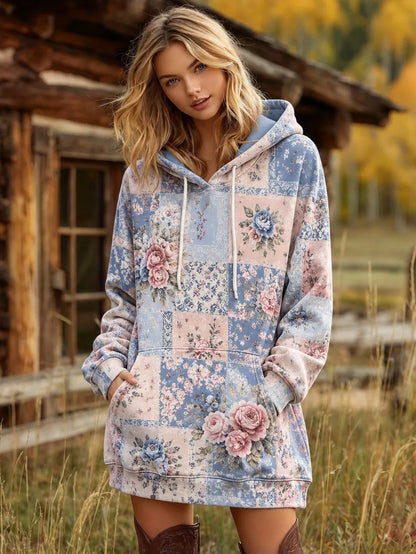 Cardydony Women's Vintage Bohemian Rose Floral & Geometric Print Long Hooded Sweatshirt