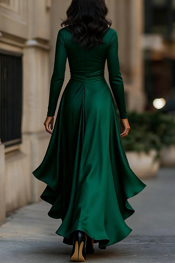 Cardydony Women's Solid Color Satin V-neck Long-sleeved Elegant Ruffled Maxi Dress