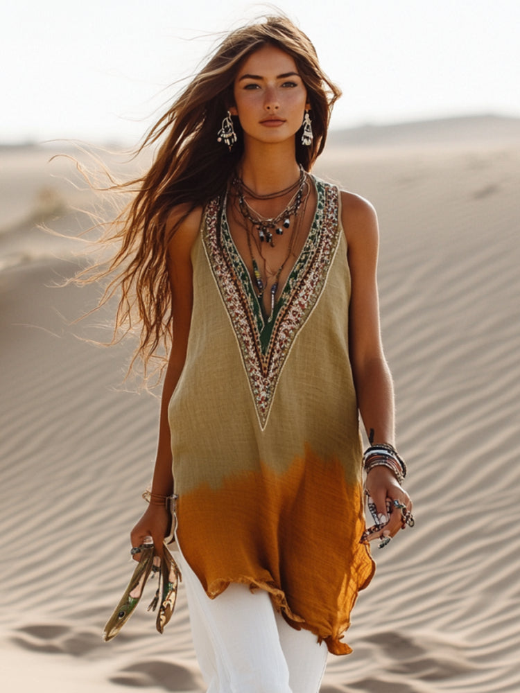 Cardydony Women's Retro Loose Bohemia Ethnic Style Gradient Art Linen Suspender Sleeveless Top