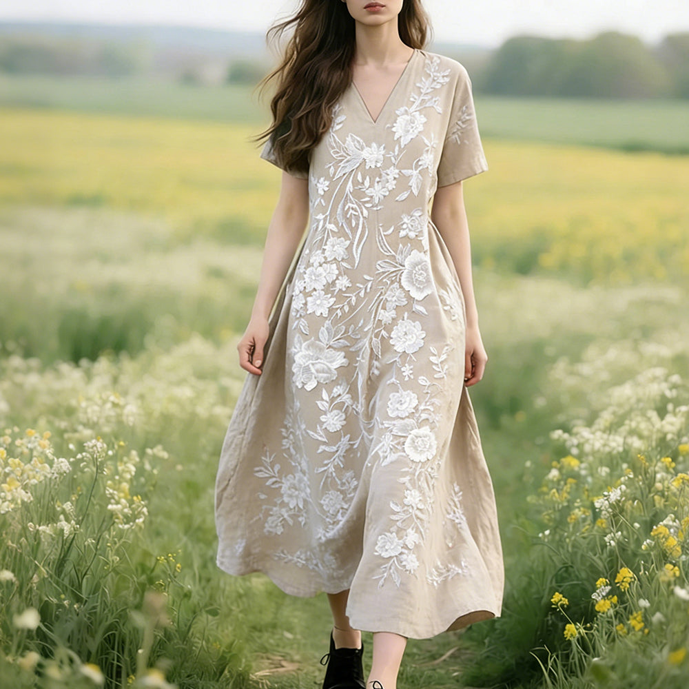Cardydony Vintage Lace Floral Pattern V Neck Linen Maxi Dress