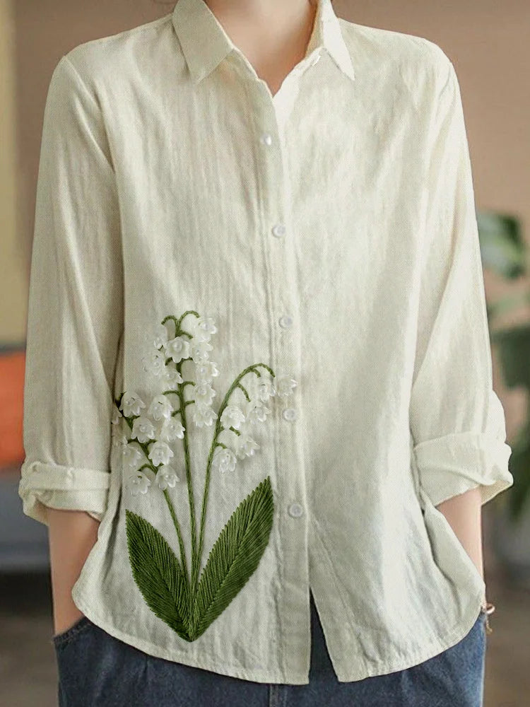 Cardydony Lily of the Valley Embroidery Linen Blend Blouse