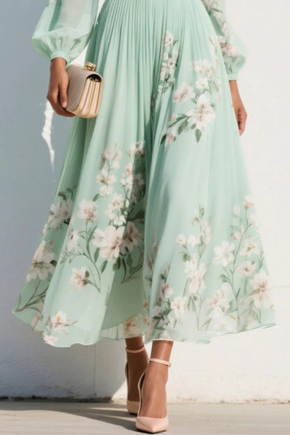 Cardydony Women's  Floral Print V-neck Long-sleeved Fitted Waist Casual Maxi Dress
