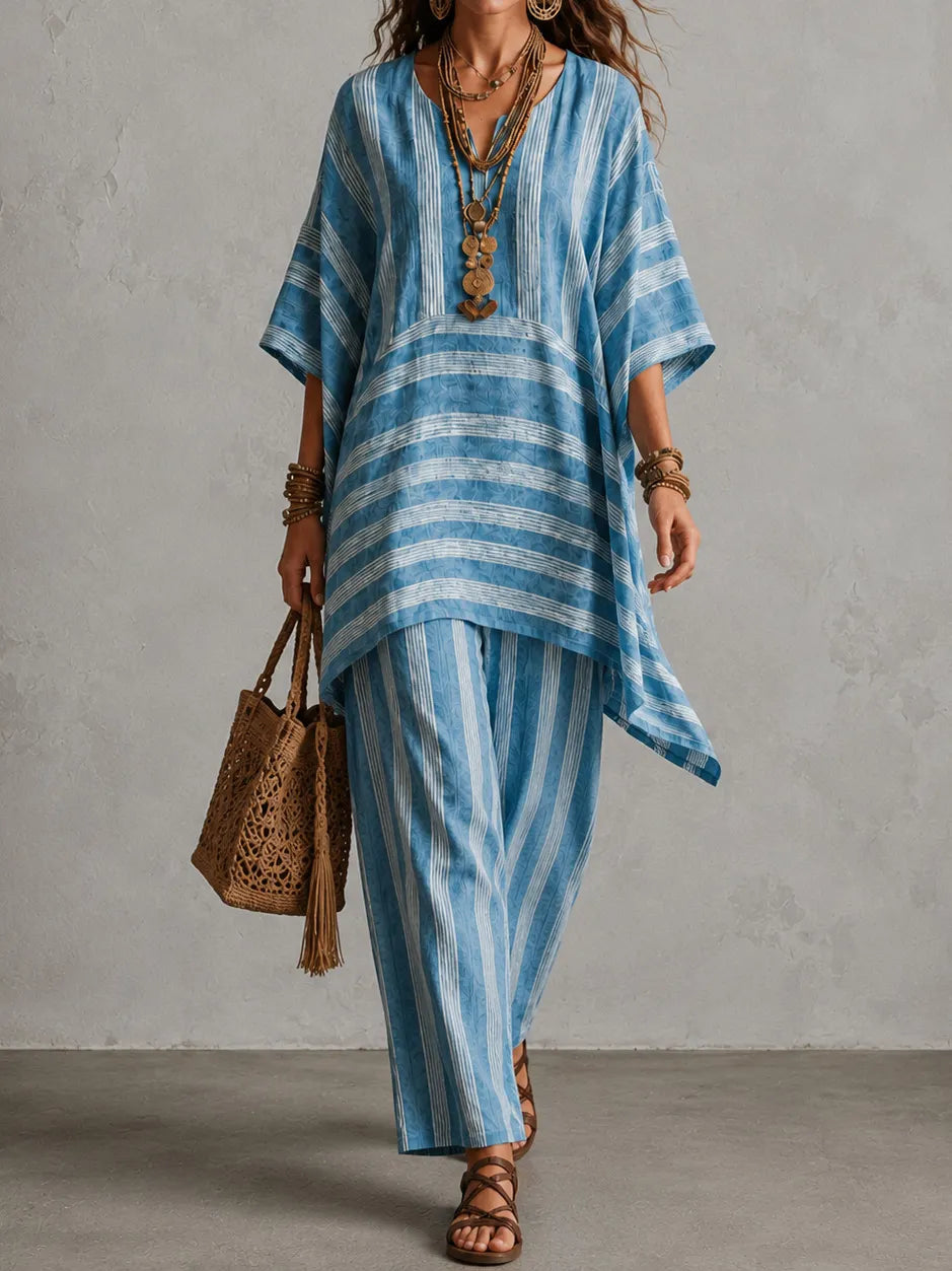 Cardydony Elegance V-neck Loose Striped Top + Loose Wide-leg Pants Two-piece Set