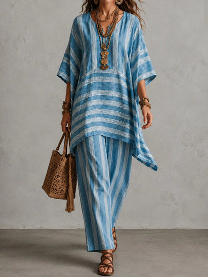 Cardydony Elegance V-neck Loose Striped Top + Loose Wide-leg Pants Two-piece Set