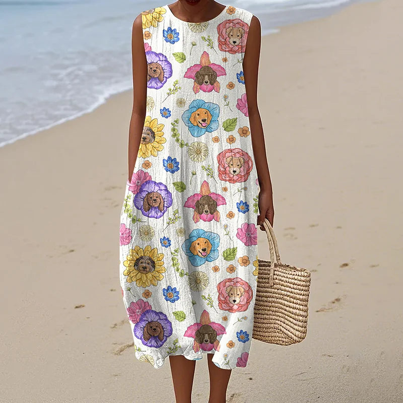 Cardydony Women's Cute Dogs And Floral Print Linen Blend Tank Midi Dress