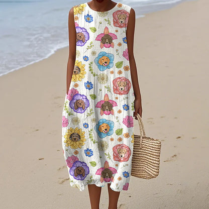Cardydony Women's Cute Dogs And Floral Print Linen Blend Tank Midi Dress