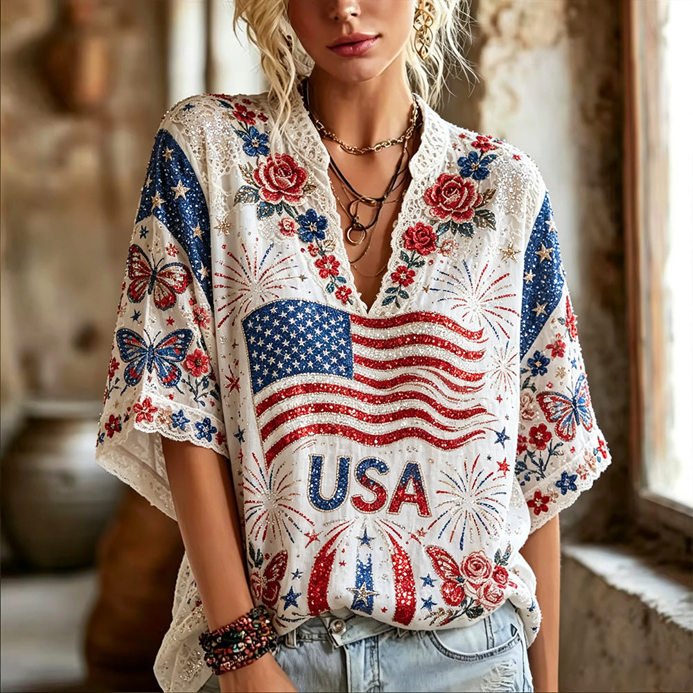 Cardydony Women's Usa Anniversary Flag Floral Art V-neck Top