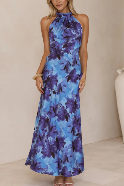 Cardydony Women's Floral Print Sleeveless Halter Neck Tie Holiday Maxi Dress