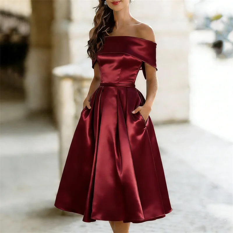 Cardydony Classy Off Shoulderwide Skirted Satin Maxi Dress