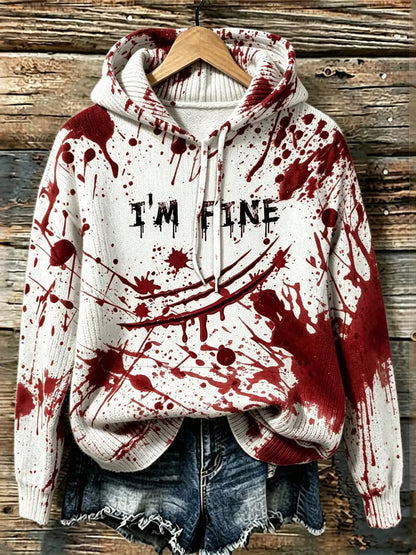Cardydony Women's Halloween Bloodstain I'm Fine Printed Hooded Sweater