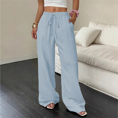 Cardydony Solid Color Elastic Waist Straight Leg Linen Pants