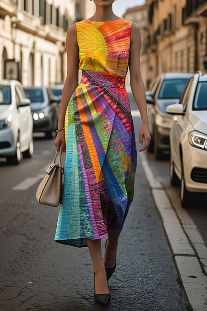 Cardydony Women's Unique Print Sleeveless Round Neck Casual Midi Dress