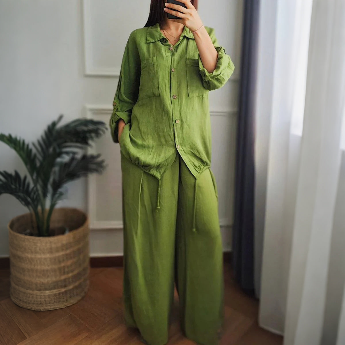 Cardydony Casual Loose Linen Solid Color Shirt Wide-leg Pants Two-piece Set