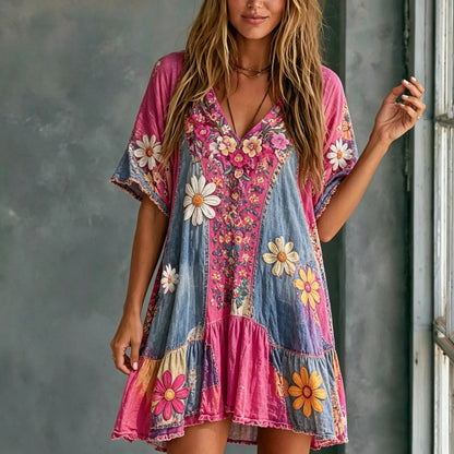 Cardydony Women's Retro Floral Ethnic Cotton Linen Dress