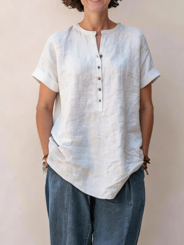 Cardydony Women's Solid Color Stand Collar Button Linen Blend Shirt