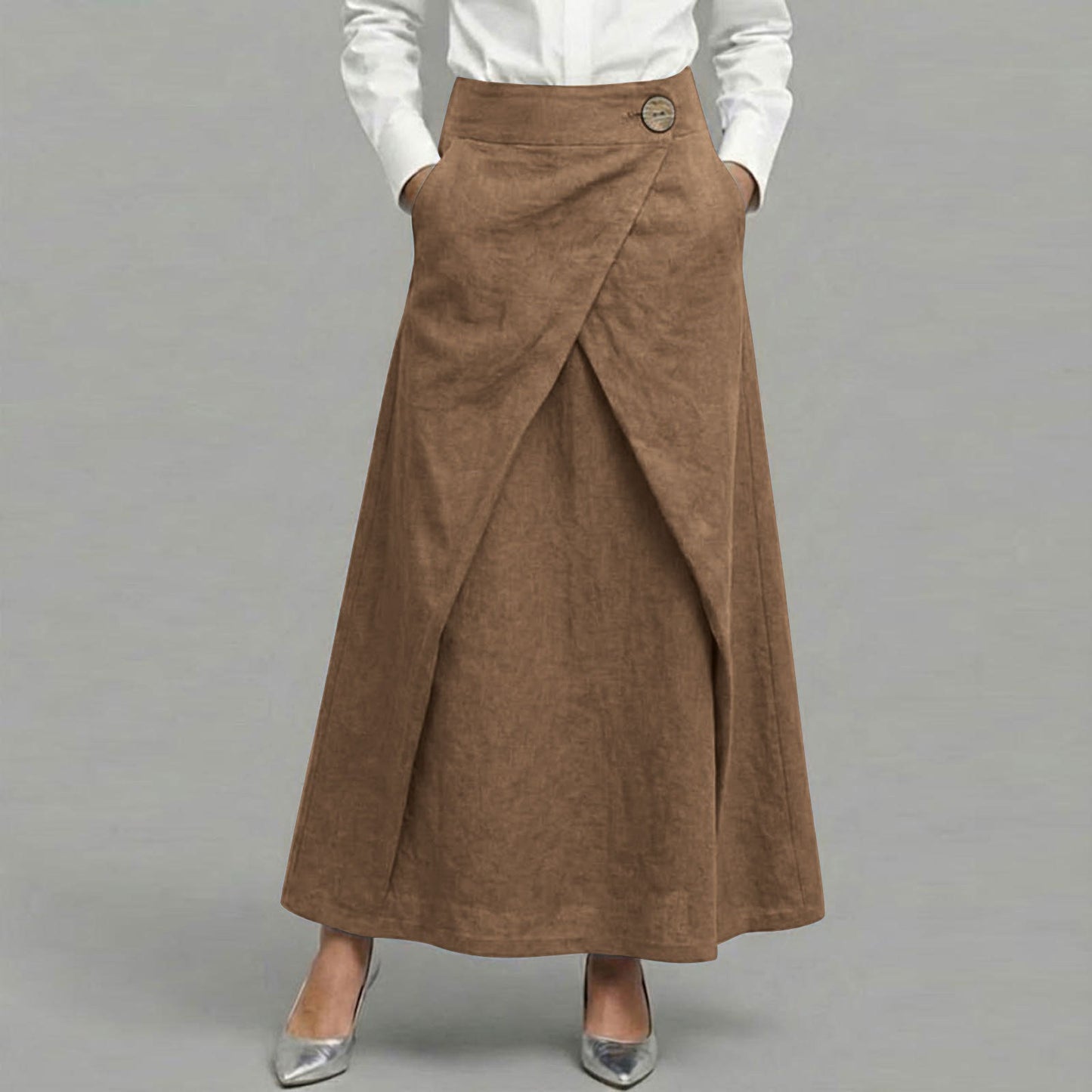 Cardydony Women's Casual Retro Slanted Button Cotton And Linen Skirt