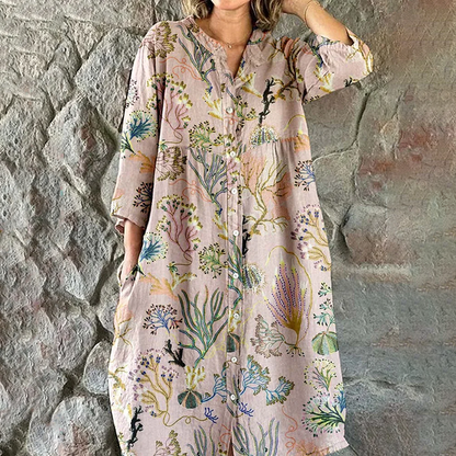 Cardydony Women's Elegant Vintage Floral Print Shirt Style Cotton And Linen Dress