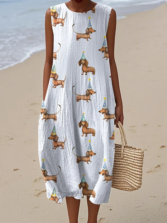 Cardydony Women's Retro Cute Dachshund Dog Art Linen Tank Midi Dress