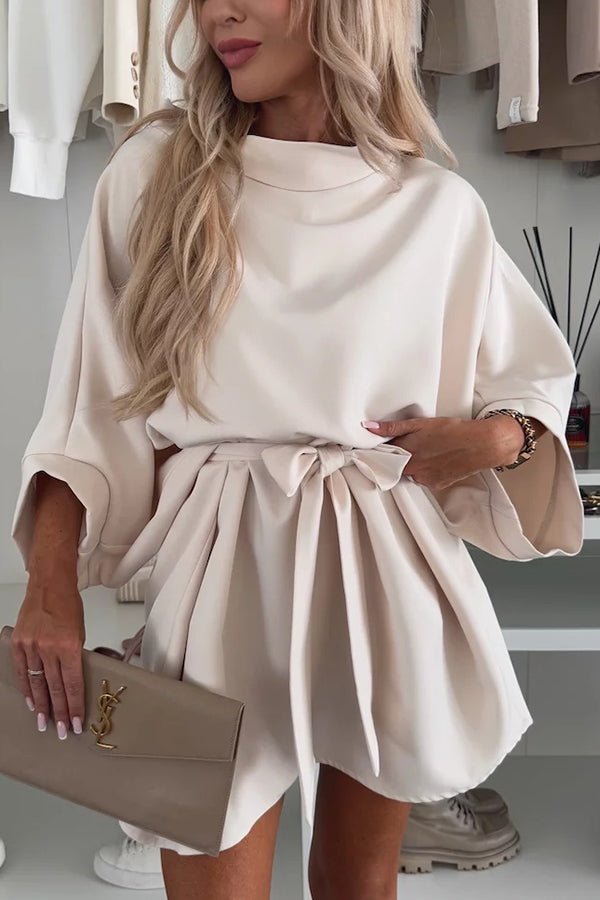Cardydony Women's Solid Color Loose Round Neck Belted Mini Dress