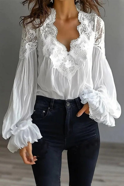 Cardydony Women's Fashionable Patchwork Lace V-neck Puff Sleeve Loose Shirt