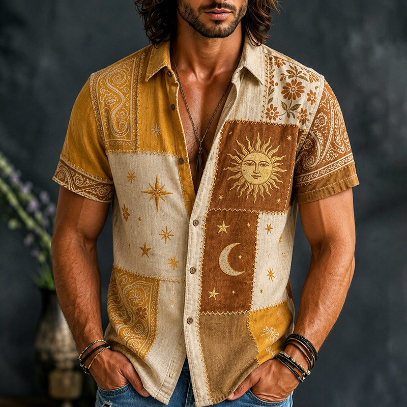 Cardydony Men's Vintage Hippie Art Stars And Moon Patchwork Print Casual Shirt