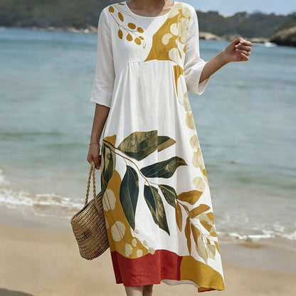 Cardydony Women's Leaf And Branch Art Print Round Neck Dress