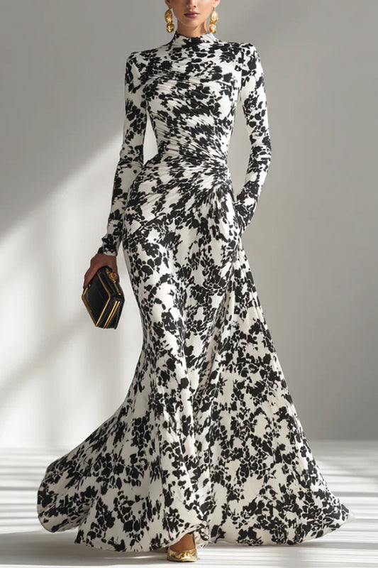 Cardydony Women's Black and White Color-blocked Printed Long-sleeved Pocket Slim-fit Pleated Maxi Dress