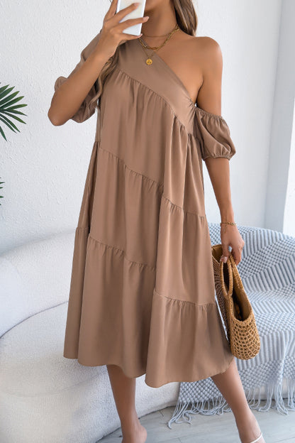 Cardydony Women's Solid Color Loose Slash Neck Short-sleeved Casual Midi Dress