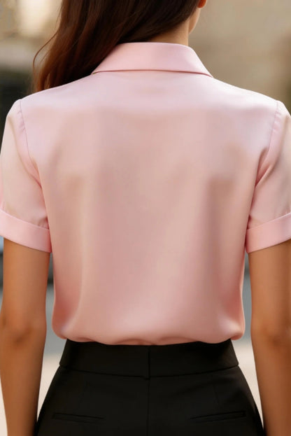 Cardydony Women's  Solid Color Collared Tie Short-sleeved Casual Shirt