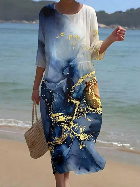 Cardydony Women's Vintage Marble Watercolor Art Pattern Linen Blend Loose Three-quarter Sleeve Dress