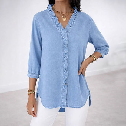 Cardydony Women's Casual Imitation Denim V-neck Ruffle Shirt