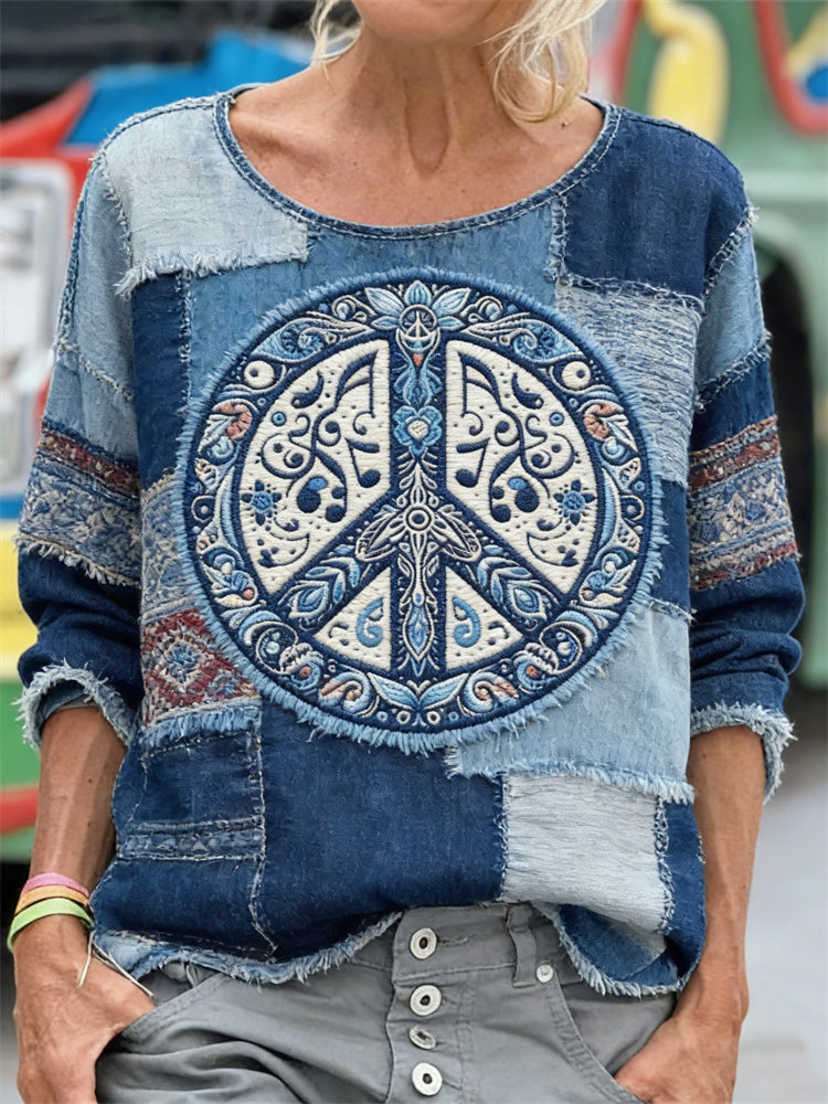 Cardydony Hippie Peace Sign Ethnic Patchwork T Shirt
