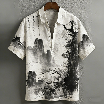 Cardydony Japanese Art Retro Leisure Short Sleeve Linen Shirt