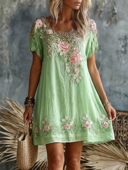 Cardydony Women's Retro Rose Floral Embroidery Pattern Short Sleeve Linen Dress