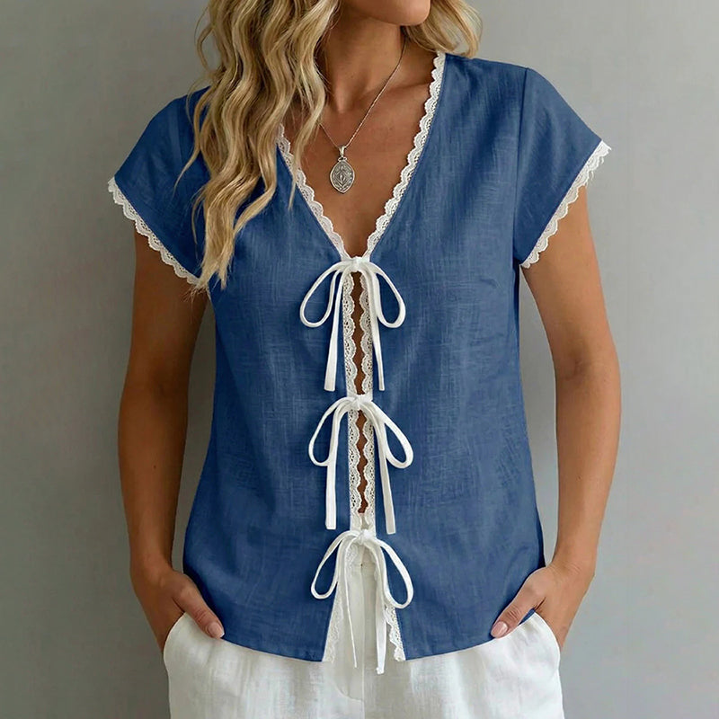 Cardydony Solid Color Lace Contrast Short Sleeved Shirt