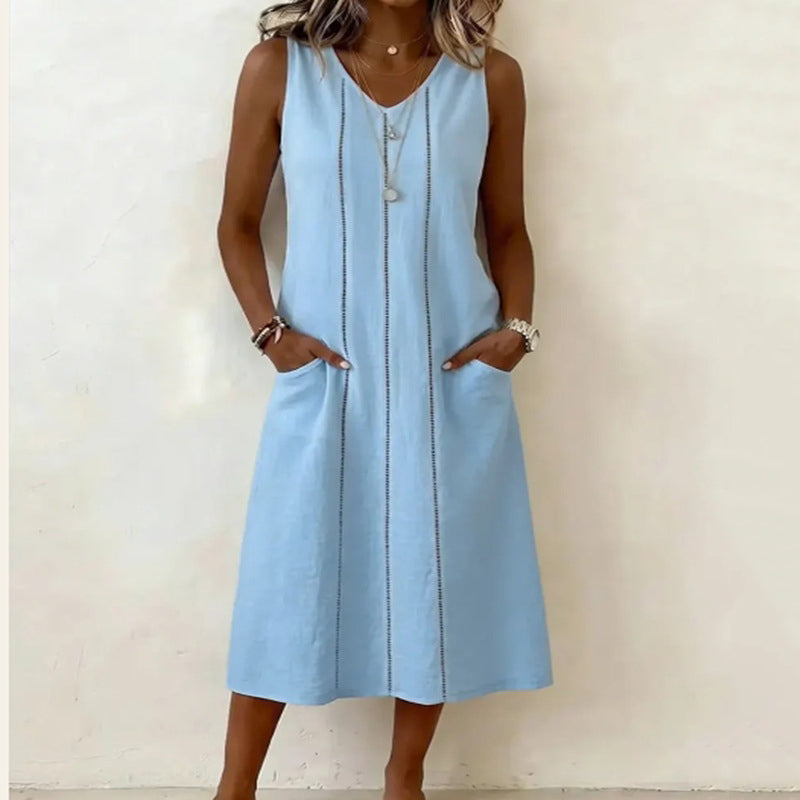 Cardydony Women's Solid Color V-neck Sleeveless Vest Midi Dress
