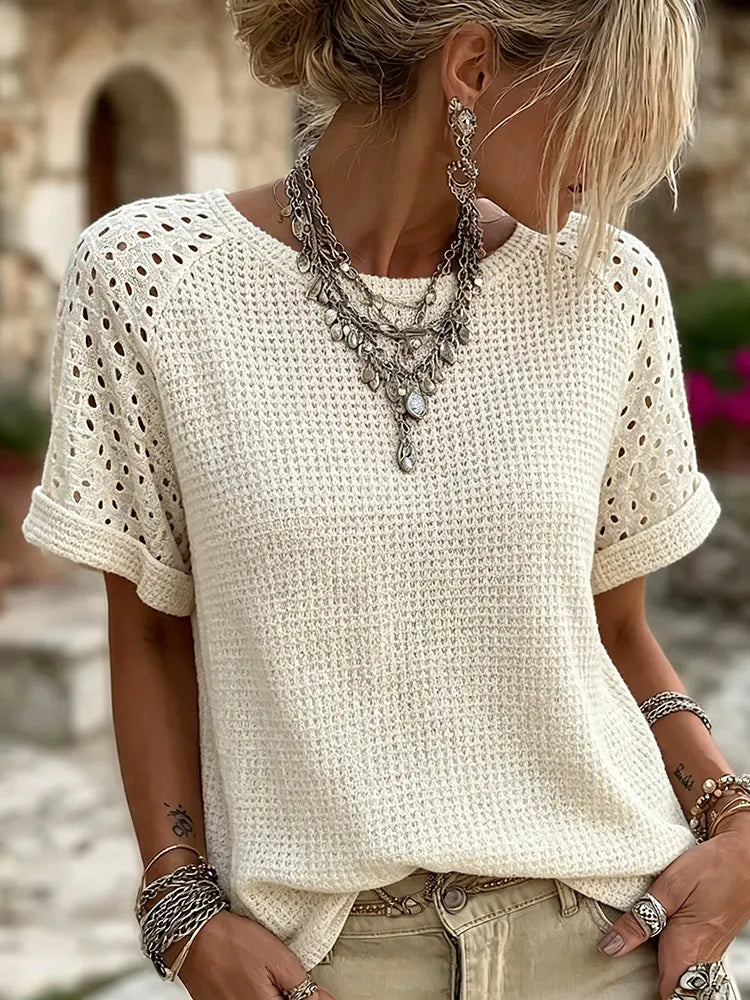 Cardydony Women's Boho Hollow‑out Waffle Knit Short Sleeve Top
