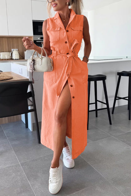 Cardydony Women's Solid Color Sleeveless Single Breasted Waist Tie Casual Pocket Denim Midi Dress