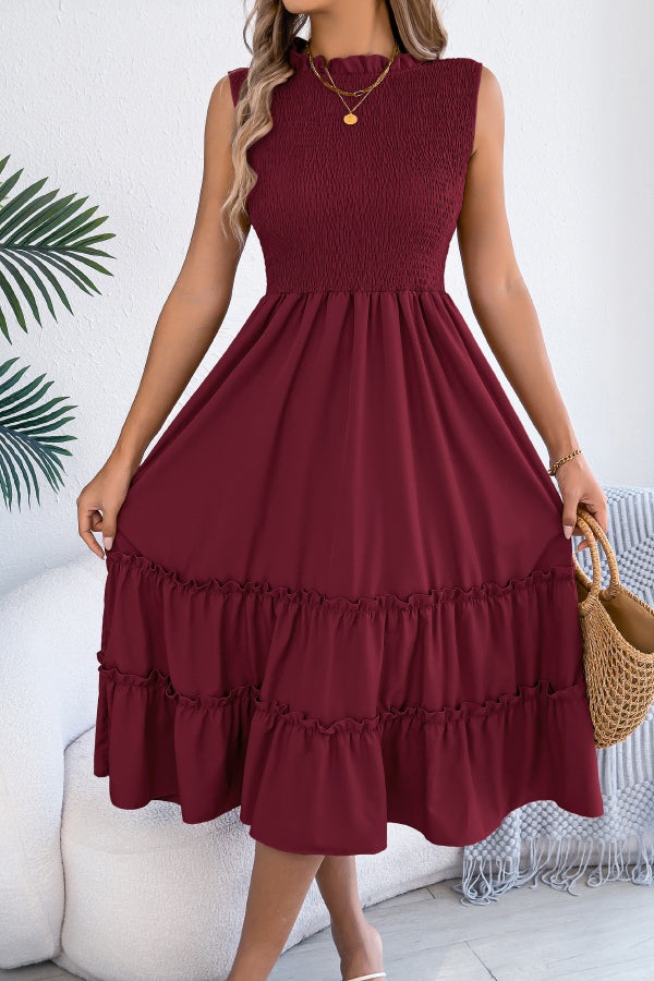 Cardydony Women's Solid Color Sleeveless Tucked Patchwork Casual Midi Dress