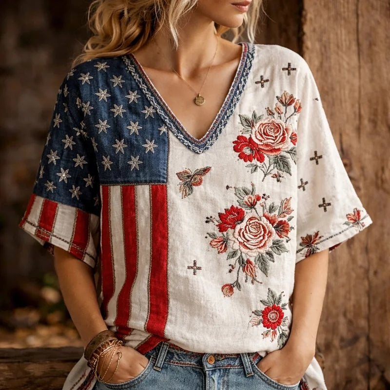 Cardydony Women's Flag Floral Embroidered Printed Linen T-shirt