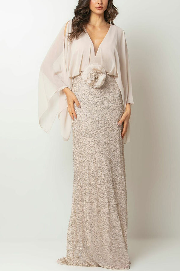 Cardydony Women's Aleina Chiffon Batwing Sleeve Flower Embroidered Waist Sequin Fabric Maxi Dress