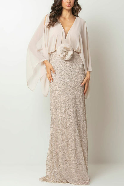 Cardydony Women's Aleina Chiffon Batwing Sleeve Flower Embroidered Waist Sequin Fabric Maxi Dress