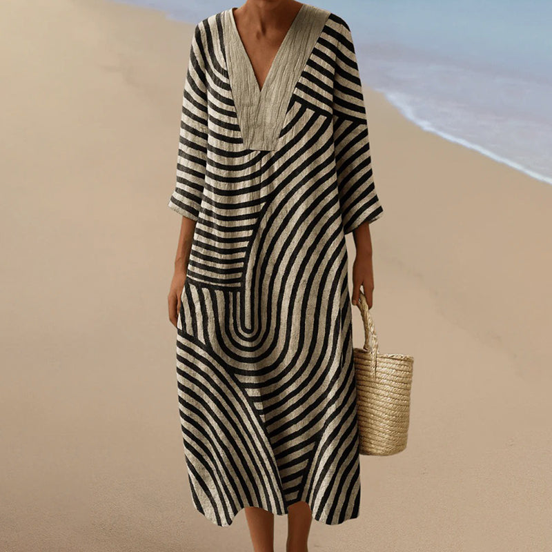 Cardydony Vintage Stripe Pattern Cotton Linen Comfy Maxi Dress