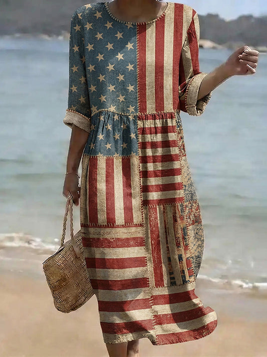 Cardydony Women's Vintage Independence Day Flag Art Print Midi Dress