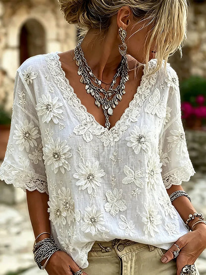 Cardydony 3d Flower Butterfly Lace V-neck Blouse | Bohemian Summer White Cotton Top