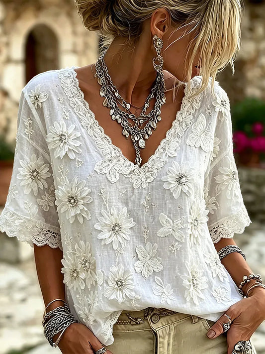 Cardydony 3d Flower Butterfly Lace V-neck Blouse | Bohemian Summer White Cotton Top